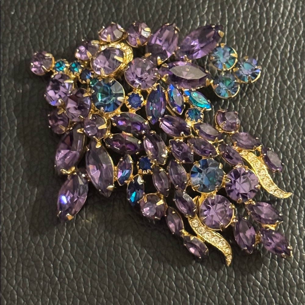 Stunning Large Vintage Statement Brooch w Purple, Teal & Clear Rhinestones